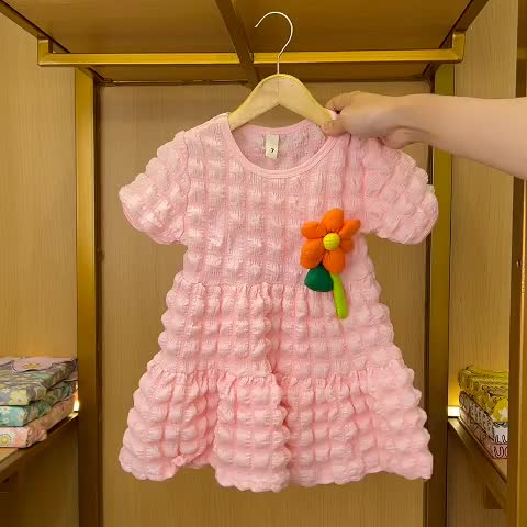 Angenius Dress Gaun Lengan Pendek Anak Perempuan Crinckle Timbul Polos Bunga O-Neck Rok Midi Kasual Style Fashion