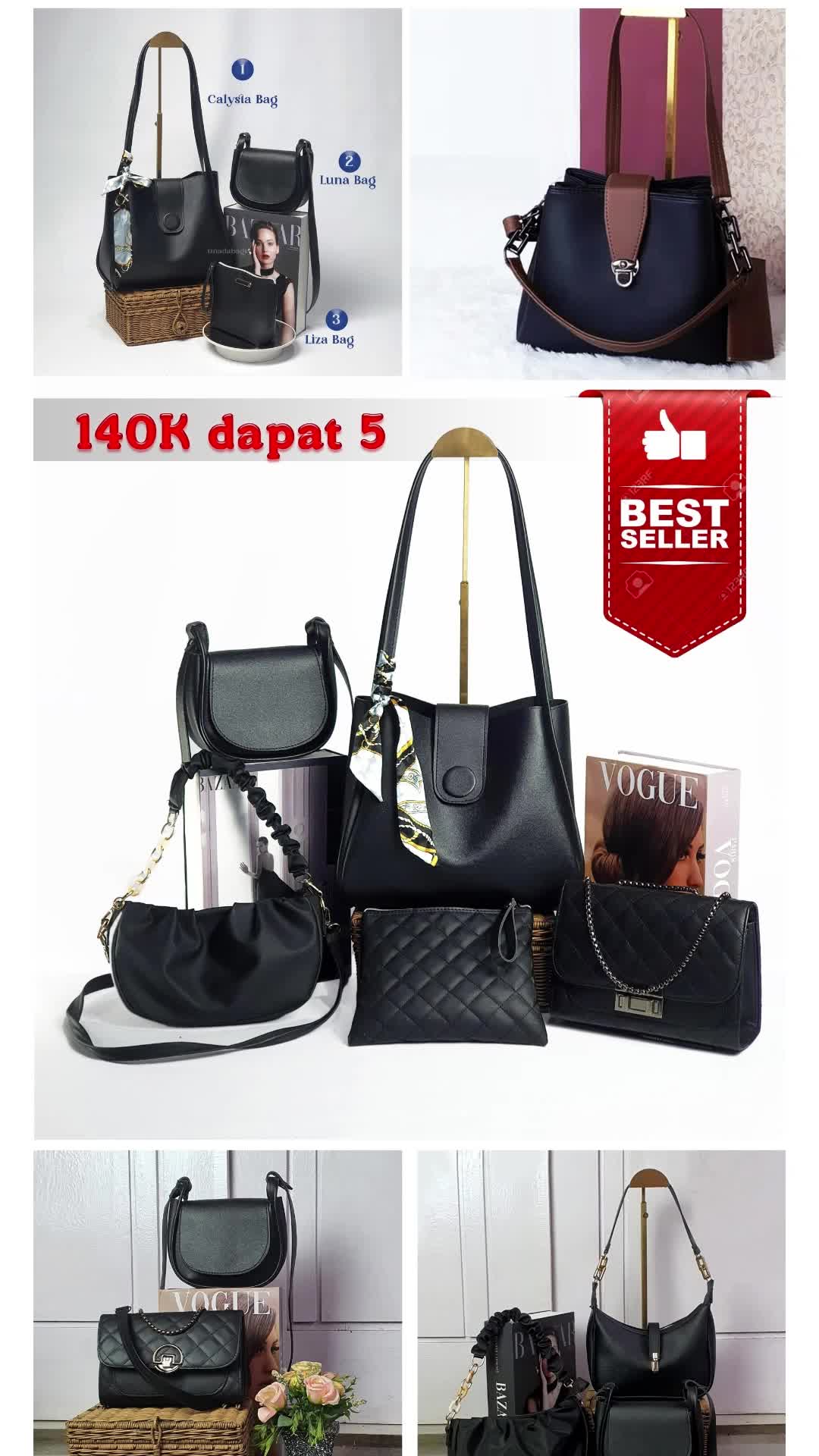 Zentotes - Paket Hemat Tas Selempang Tas Wanita / Paket Usaha Tote Totebag Tersedia Full Hitam Serut Kulit Sintetis