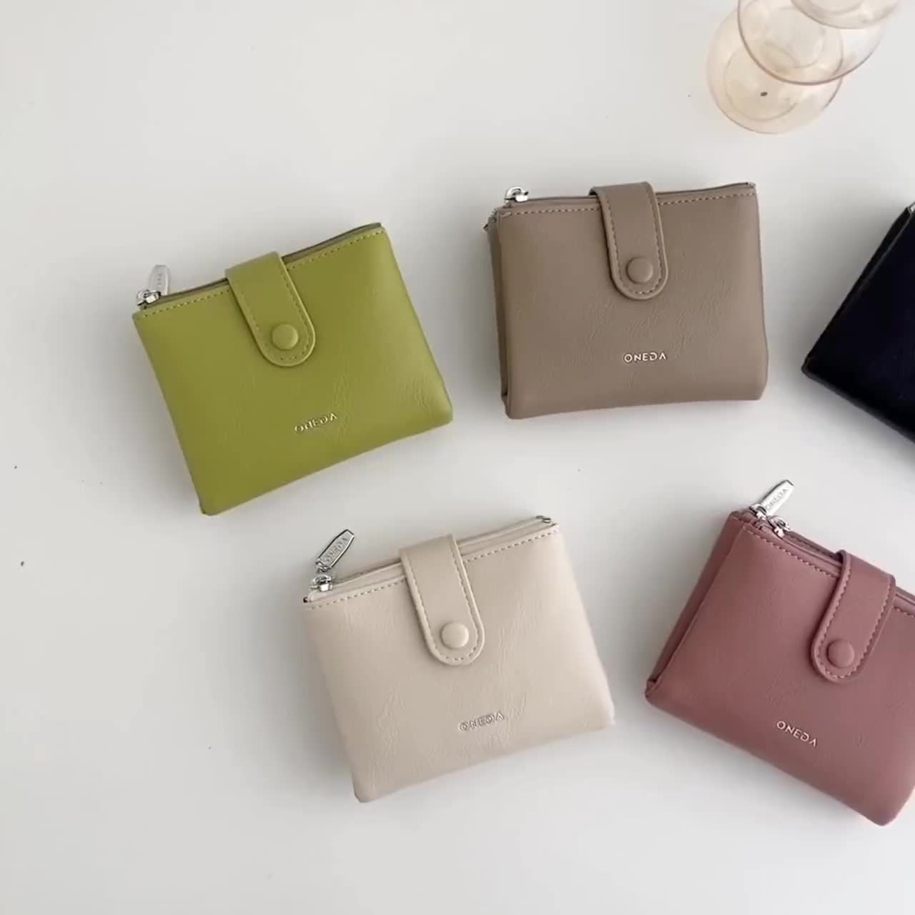 Oneda Bessie Dompet Kartu Lipat Kecil Kancing Wanita #W3020 Kulit PU Polos Pink