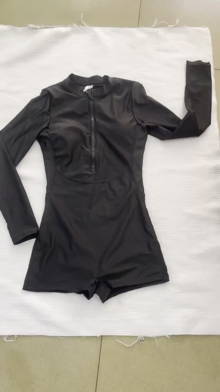 Wanita Lengan Panjang Rashguards One-Piece Boxer Pakaian Renang Hitam Murni Ritsleting Beachwear Spa Surfing Sun Protection Sports Swimsuit