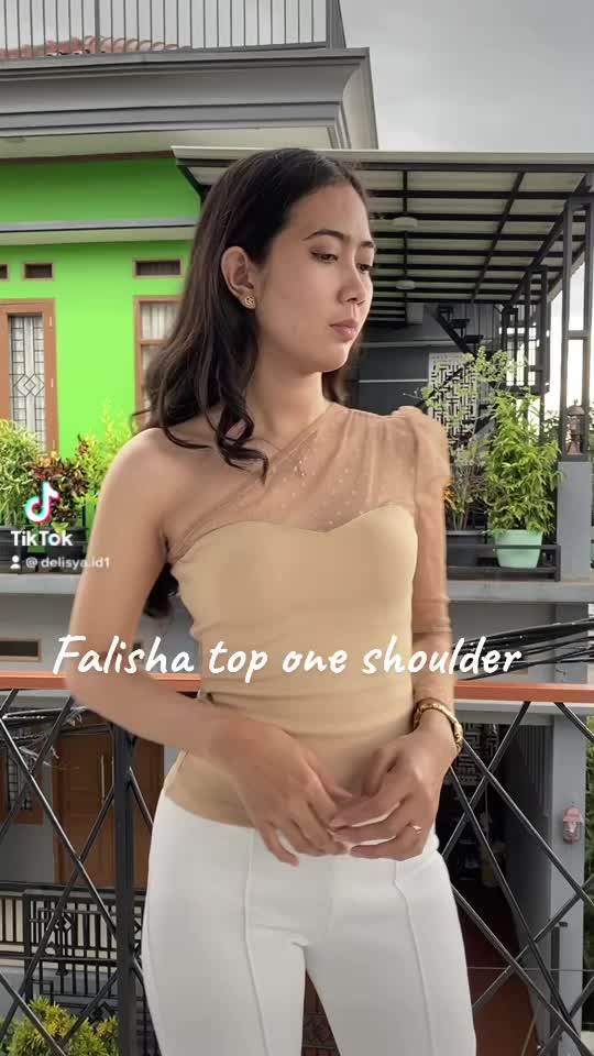 Falisha Atasan One Shoulder Scuba Tangan Sebelah Tile Polkadot Baju Wanita Kombinasi