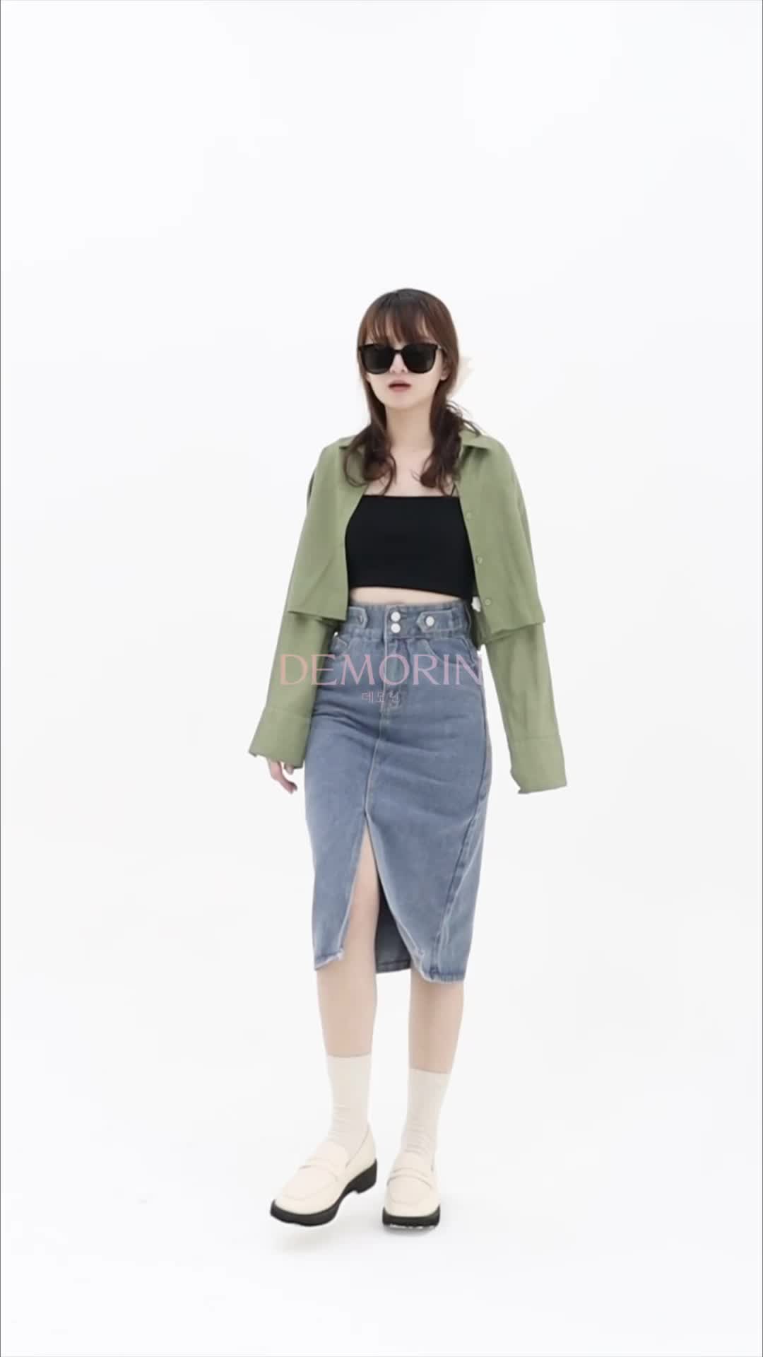 X92 Rok Jeans Midi Wanita Front Slit High Waist Casual Fit Denim Vintage Blue Korean Style Premium Long Skirt Look Simple DEMORIN