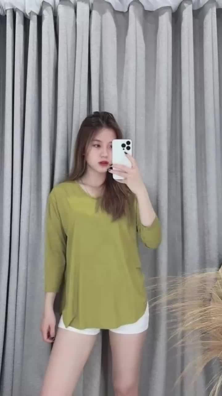 AKSARANA Kaos Polos Wanita Lengan 7/8 Slit Unfinished Bahan Spandek Rayon Sangat Adem Lembut Loose Panjang Spandex Top Samping