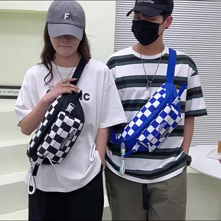 TOP COD! Tas Selempang Pria Tas pinggang wanita Waist Bag Tas Waistbag Keren Trendy Color Clash Plaid Sporty Portable Chest Bag Canvas Slingbag