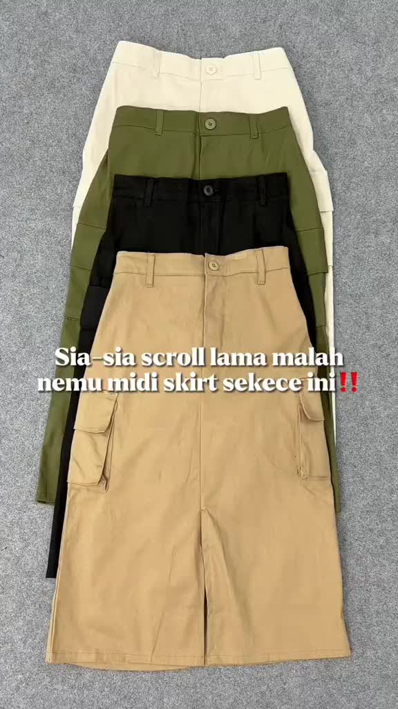 Cargo Midi 7/8 Katun / Skirt Kargo High Waist / Karet Pinggang Dewasa Panjang Sebetis Hitam ritsleting Pendek Selutut / Rapi Plus Size Bawahan Santai / girl crush korean style / Cewek Low slit korea androk wanita rok  span 7 per 8 Premium kerja vintage
