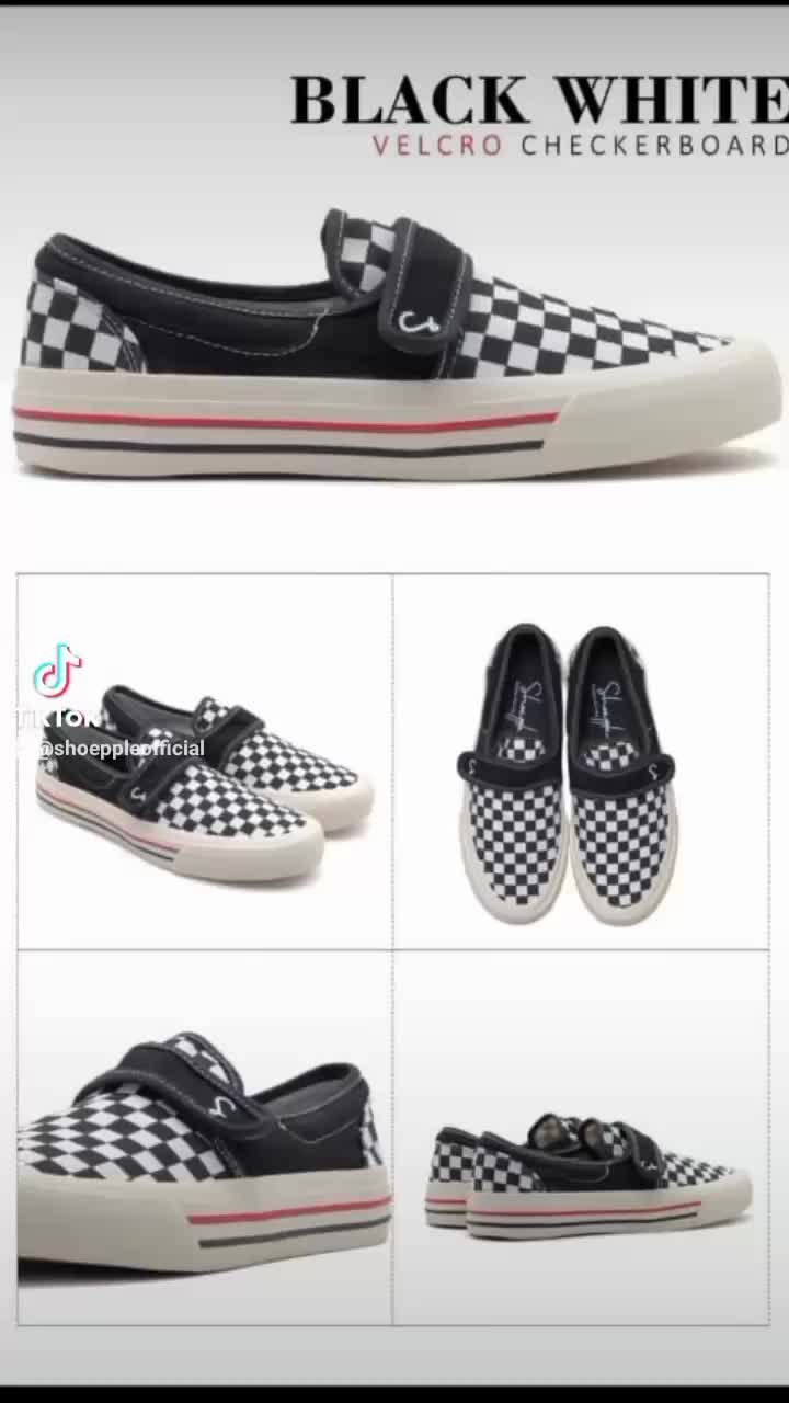 SHOEPPLE Ubud Sepatu Sneakers Unisex | BLACK WHITE Checkerboards | Slip On Velcro Vulcanized | RB Stripe | Sneakers Casual 2 Cm - Original Footwear Canvas Kerja