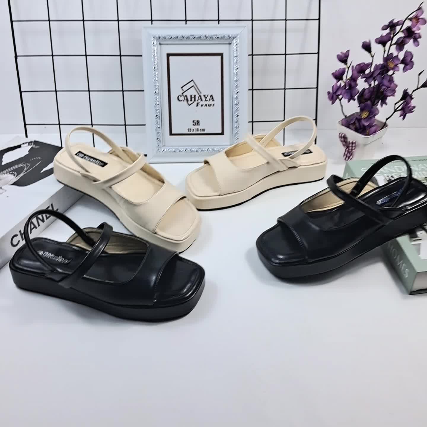 FlatFrom Sandal Wanita Terbaru Model Bapau Tali Belakang Elastis Hitam