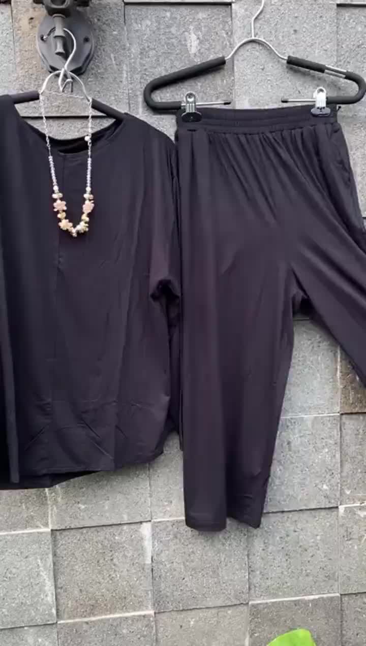 Raya Setcel Oneset Rayon Polos Jumbo Celana + Atasan Oversize Basic Rata Set Daily Ootd Setelan Wanita kekinian Navy Polos Baju Katun
