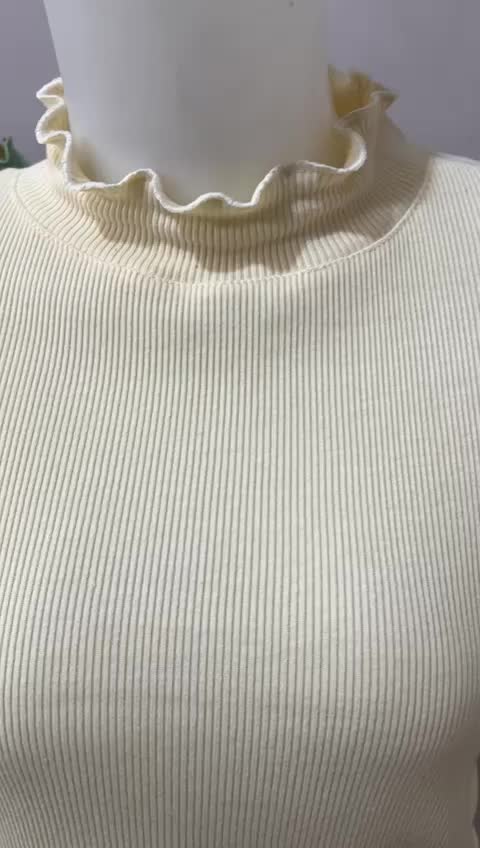Atasan crop top lengan panjang wanita turtleneck kriwil Katun Crew Neck Polos