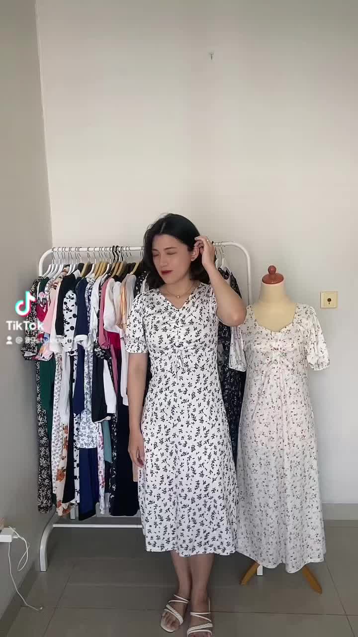 89SO - A22 (M-XXL) Dress Midi Gaun Satin Serut V-Neck Wanita Motif Bunga Casual Melar