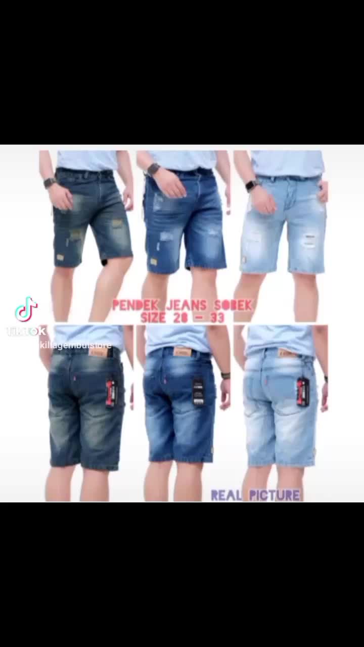 Celana Pendek Sobek Pinggang Karet Pria - Celana Pendek Rip Sobek Pria - Celana Pendek Jeans Pria - Celana Pendek Sobek Pria Denim Fit Ripped Rib Shorts