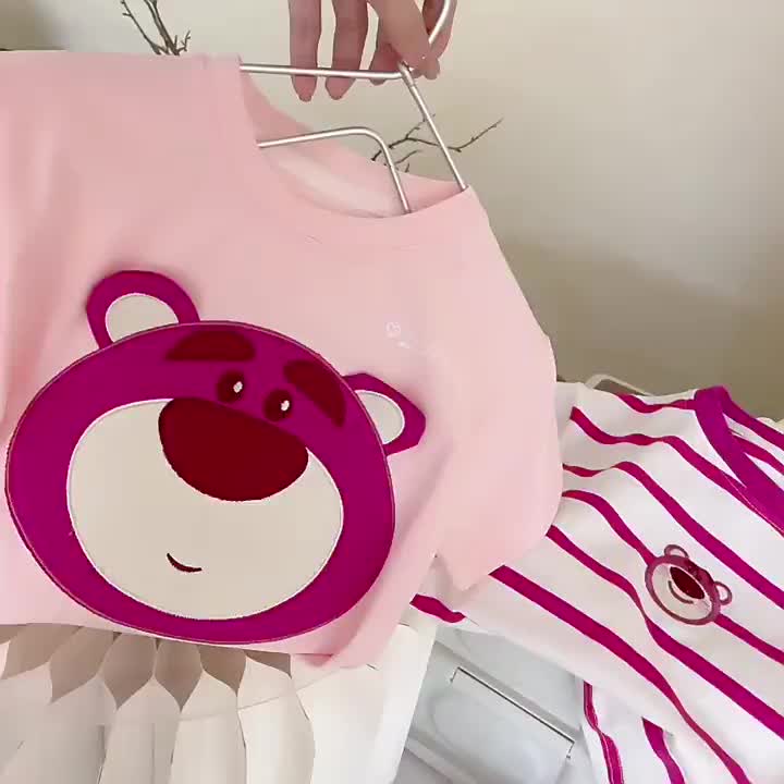 [PRINCESS KESLI] 1-8 Tahun Kaos Lotso Anak Perempuan Salur Bear Bordir Tshirt Kartun Kasual Katun Kids Bayi Cotton LOO