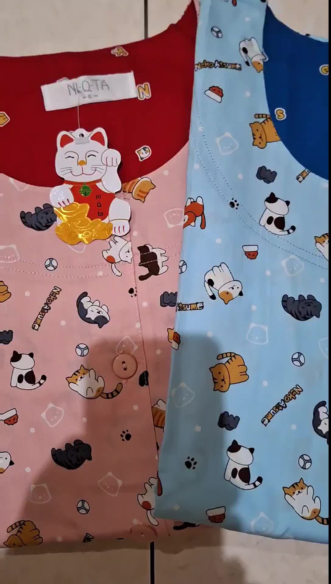 NiQta Neko Atsume Tgn.pdk Cln.panjang Size SML.Merah Biru Katun