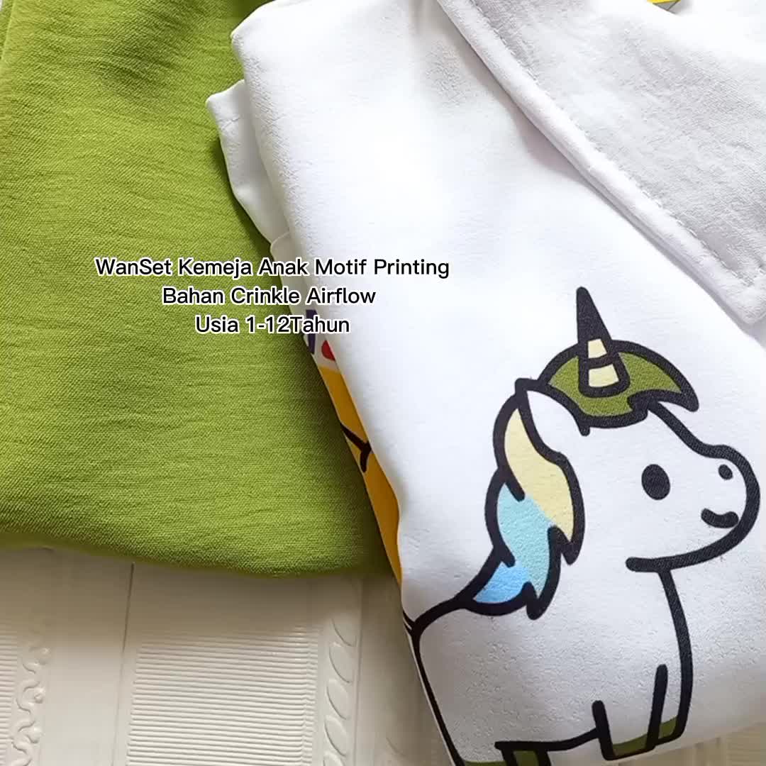 One Set Kemeja Crop Anak Usia 3-12 Tahun Bahan Crinkle Setelan Anak Perempuan Motif Printing Baju Fashion