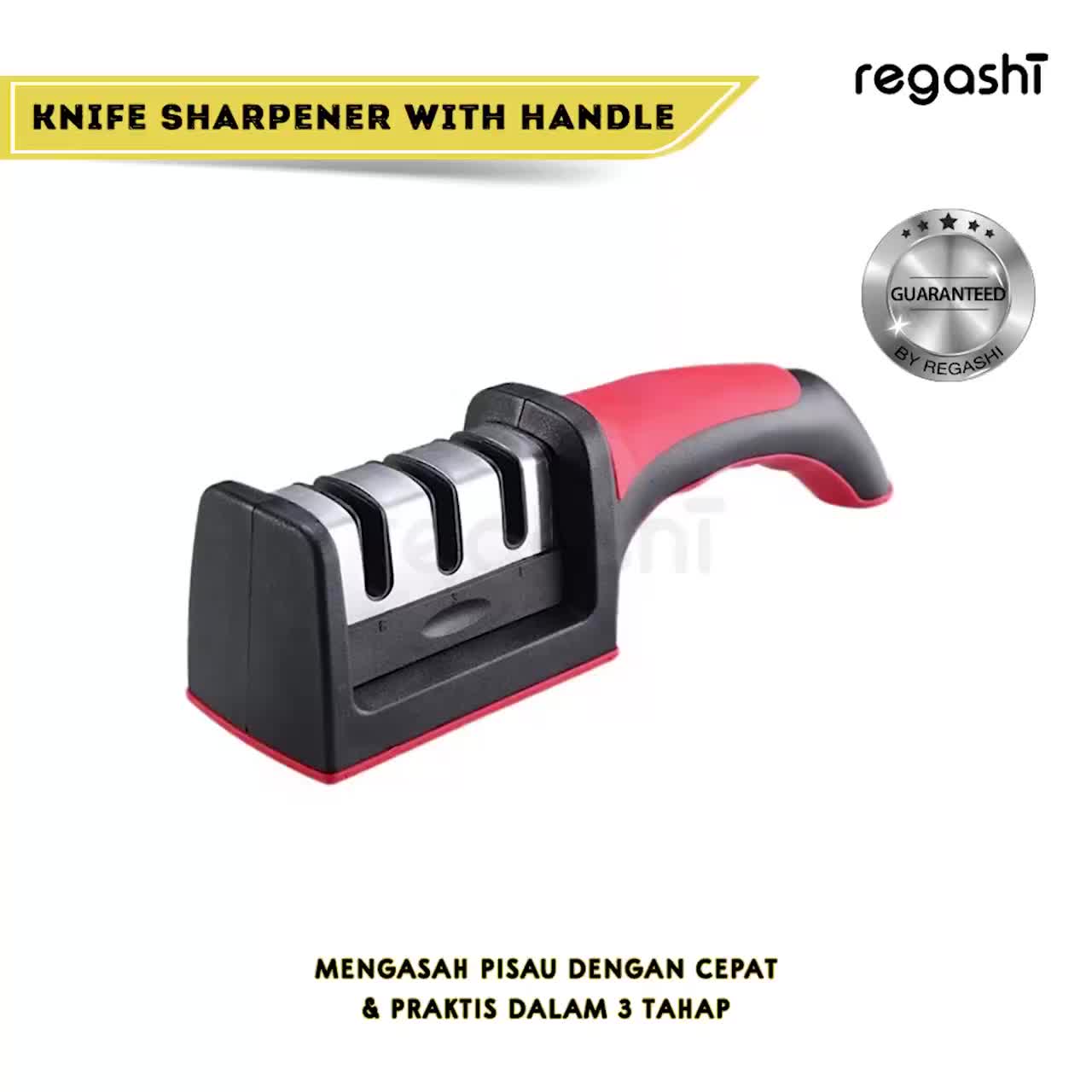 Regashi Alat Pengasah Pisau dengan Pegangan Ergonomis | 3 Tahap Asahan | Knife Sharpener with handle Hitam Merah