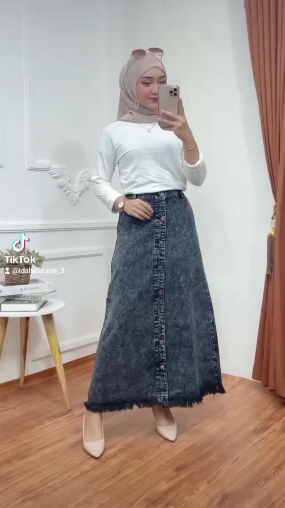 rok jeans kancing depan bentuk A rok jeans tebal A-Line Formal Putih Rawis Remaja Panjang Wanita Hitam Dewasa Casual Bawahan Rempel Baju Linen