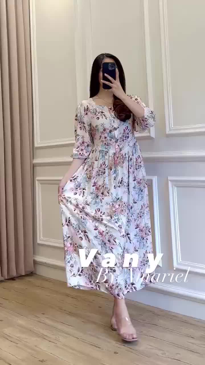 Amariel Vany Dress Panjang Daster Kancing Nyaman Bumil Busui Friendly Katun Rayon Viscose Motif