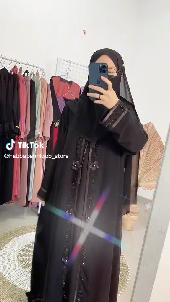 ABAYA AURORA Gamis Outer Hitam Jetblack Bunga Cantik Mewah Muslim Wanita