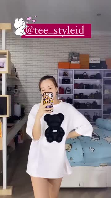 Kaos Longgar Oversize Tee Tshirt Wanita Model Longgar Besar Motif Bear Kain tebal - Import Panjang Putih Atasan