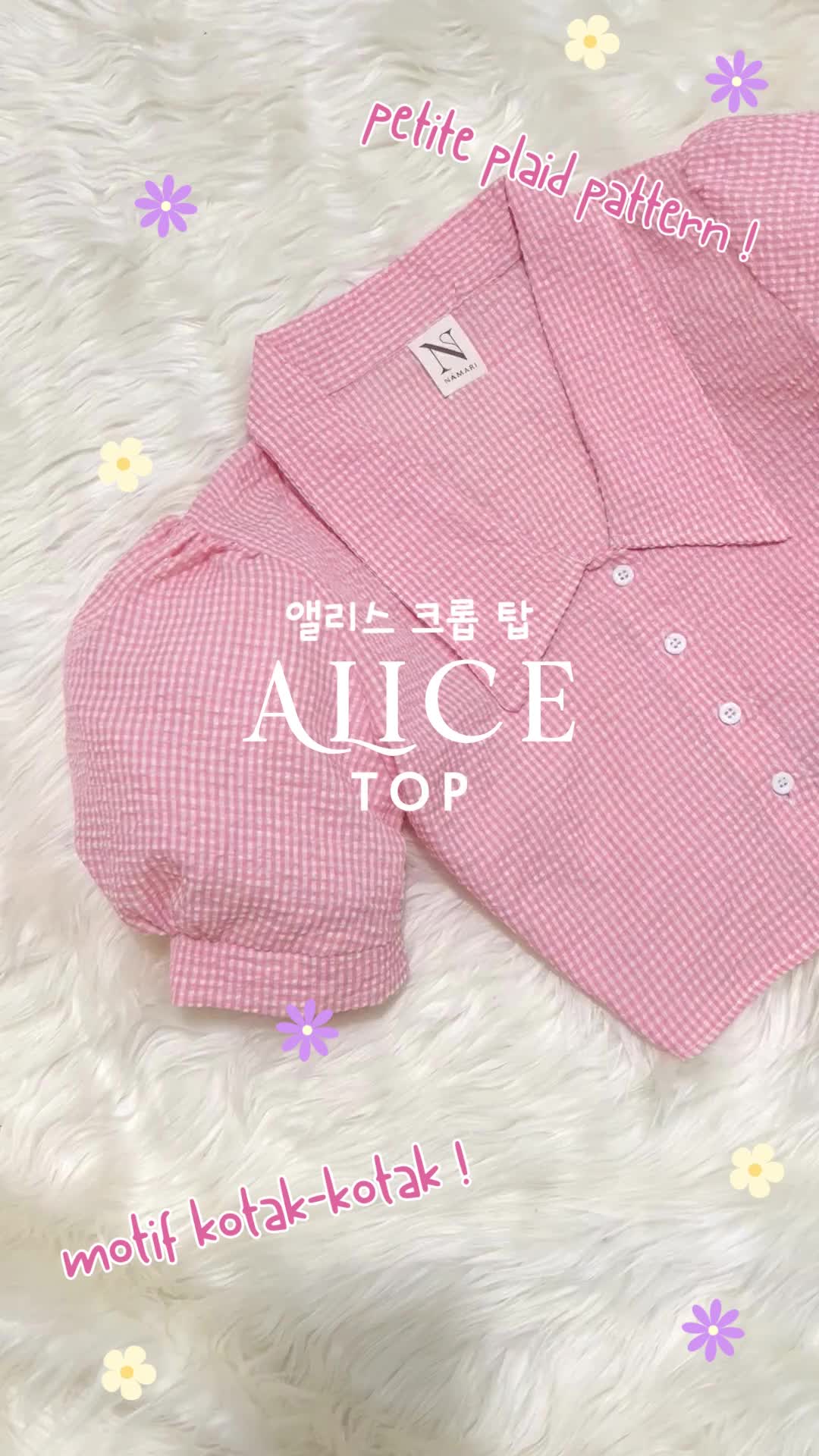NAMARI - Alice Top - Baju Kemeja Croptop Lengan Balon Cantik Daily Kotak Plaid Korean Wanita Fitted Press Body Motif Pendek Atasan Basic Katun Polyester