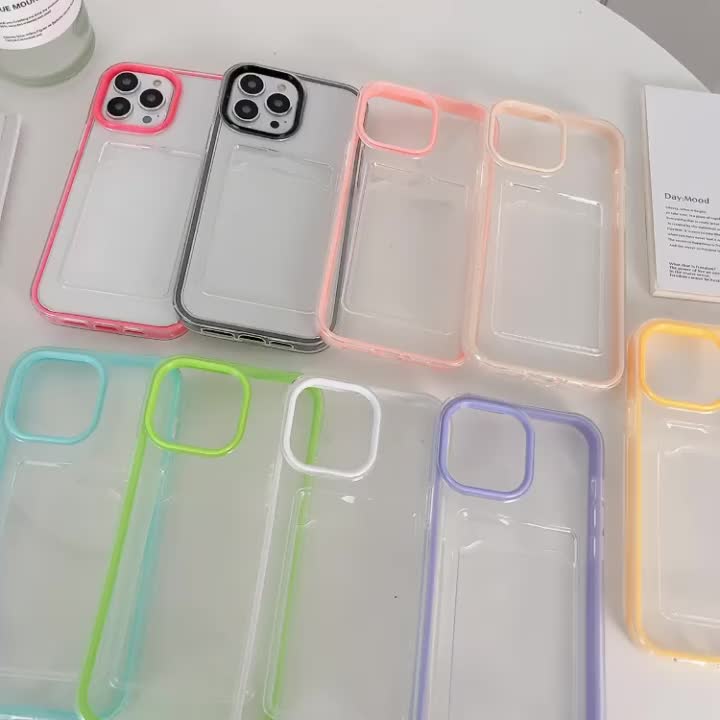 3 in 1 Card Holder Clear Case Untuk iPhone 16 15 11 XR 13 12 14 Pro Max 7 8 Plus X XS SE 6 Candy Colour Casing Bumper Shockproof Kesing Soft TPU Cover