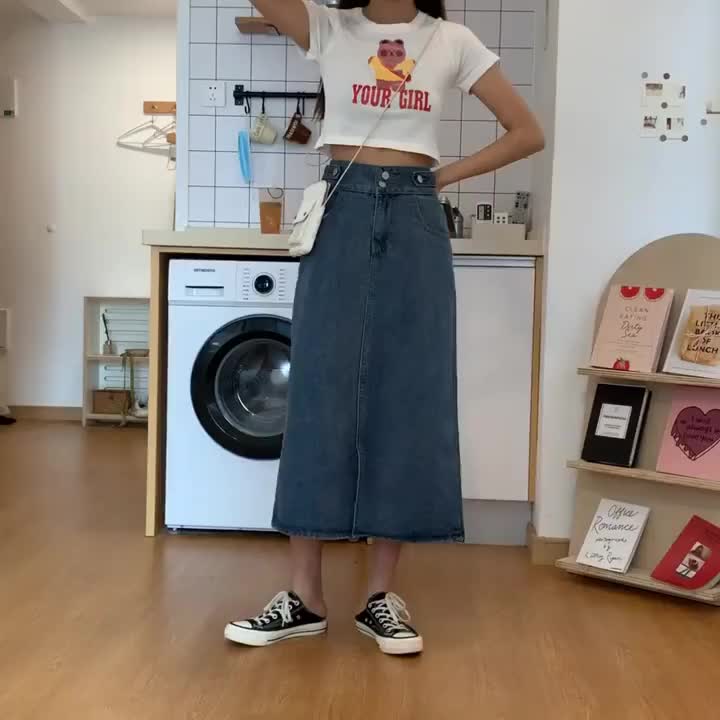 Rok denim split gaya Korea rok a-line wanita berpinggang tinggi sedang untuk menutupi rok pinggul selangkangan