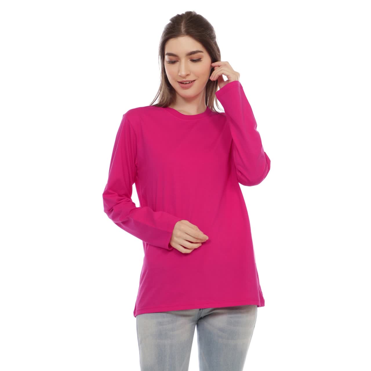 Kaos Polos Wanita Oneck Lengan Panjang Bahan Katun Combed 30s Warna Pink Fanta