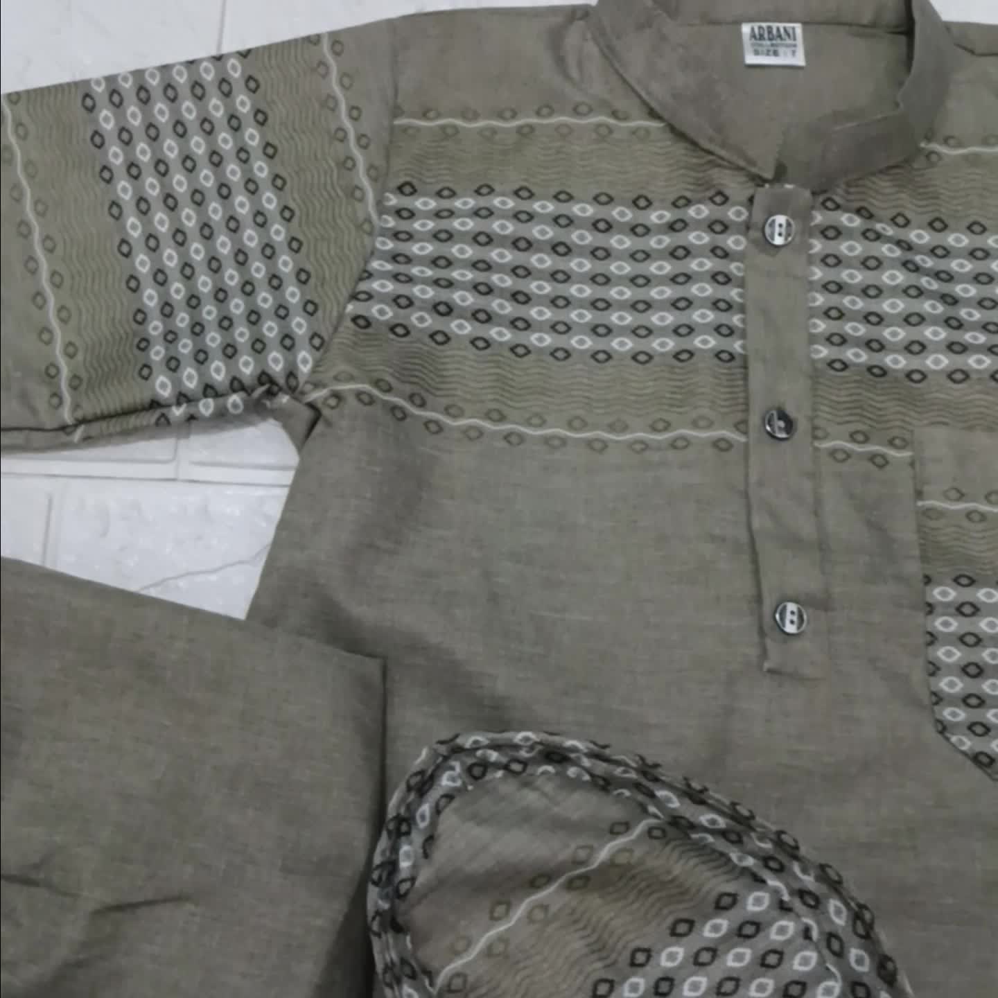 Baju Koko Anak Laki Madinah Usia 4-12 Tahun Motif Songket Pinggirl Hijau Setelan Muslim Katun Bordir Celana Nyaman Panjang Peci