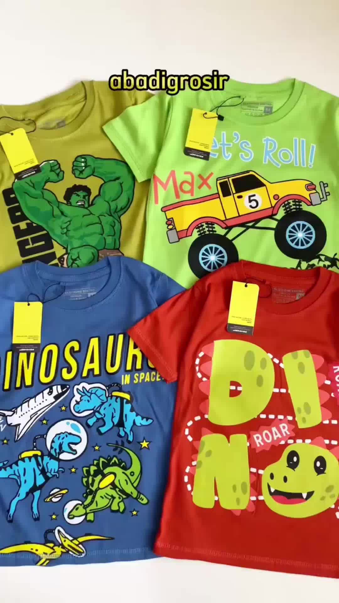 Kaos distro anak laki laki kartun animals Atasan & baju anak cowok dino tyrexDINO GARIS ABU MUDA Abadigrosir Bandung Fashion
