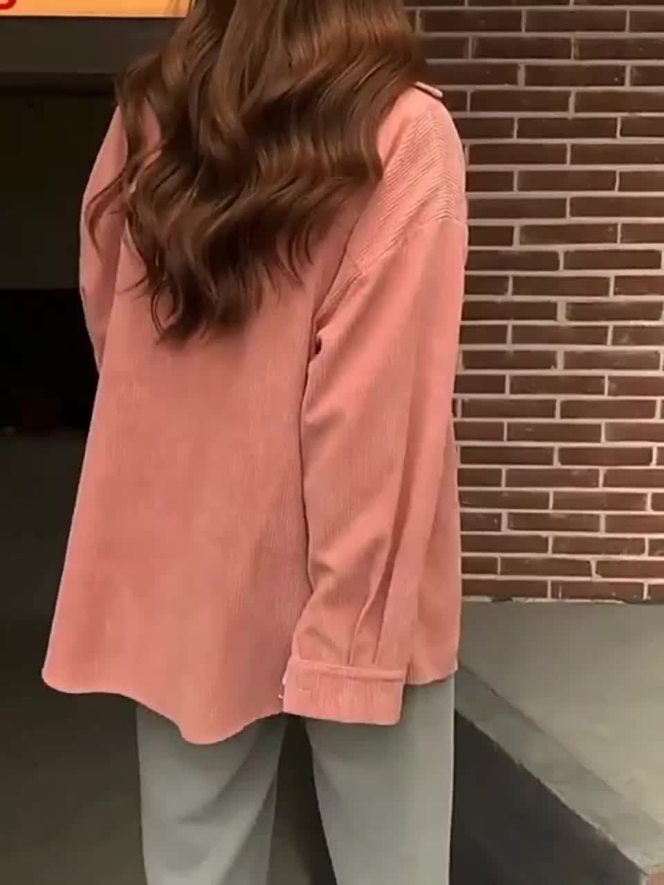 Kemeja Wanita Corduroy Jaket Lengan Panjang Korea Retro Polos Tombol Longgar Mantel Murah