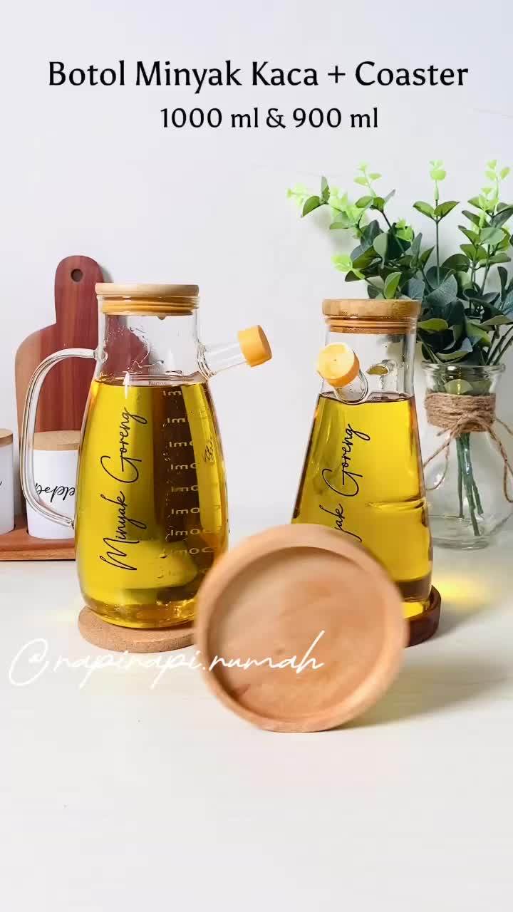 Botol Minyak Goreng Kaca Tutup Kayu 1000 ml dan 900 ml Dapur Oil Slip Resistant Oil Dispensers