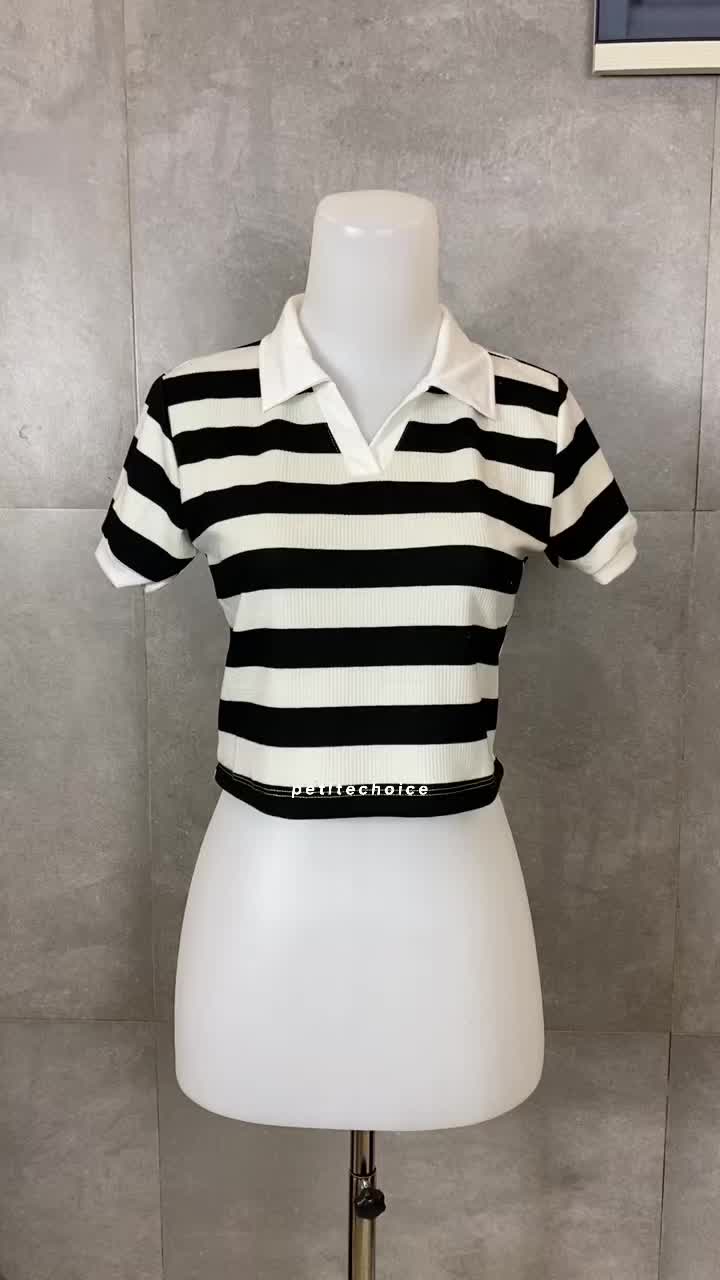 Petitechoice | YOLA Top - Atasan crop Wanita Stretch Rajut Kerah V neck Knit Strip Casual Knitwear Pendek blouse salur