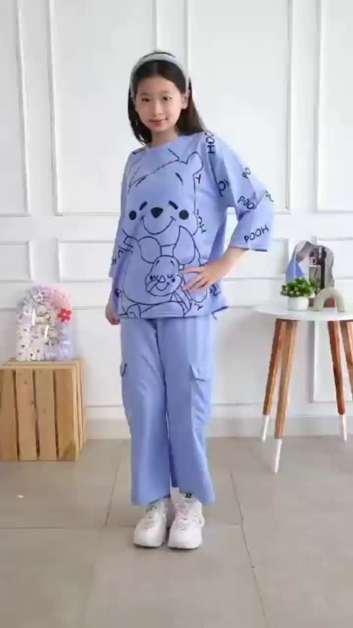 Setelan Celana Cargo Anak Perempuan Motif Karakter Usia 4-12 Tahun Bahan Vista Terry