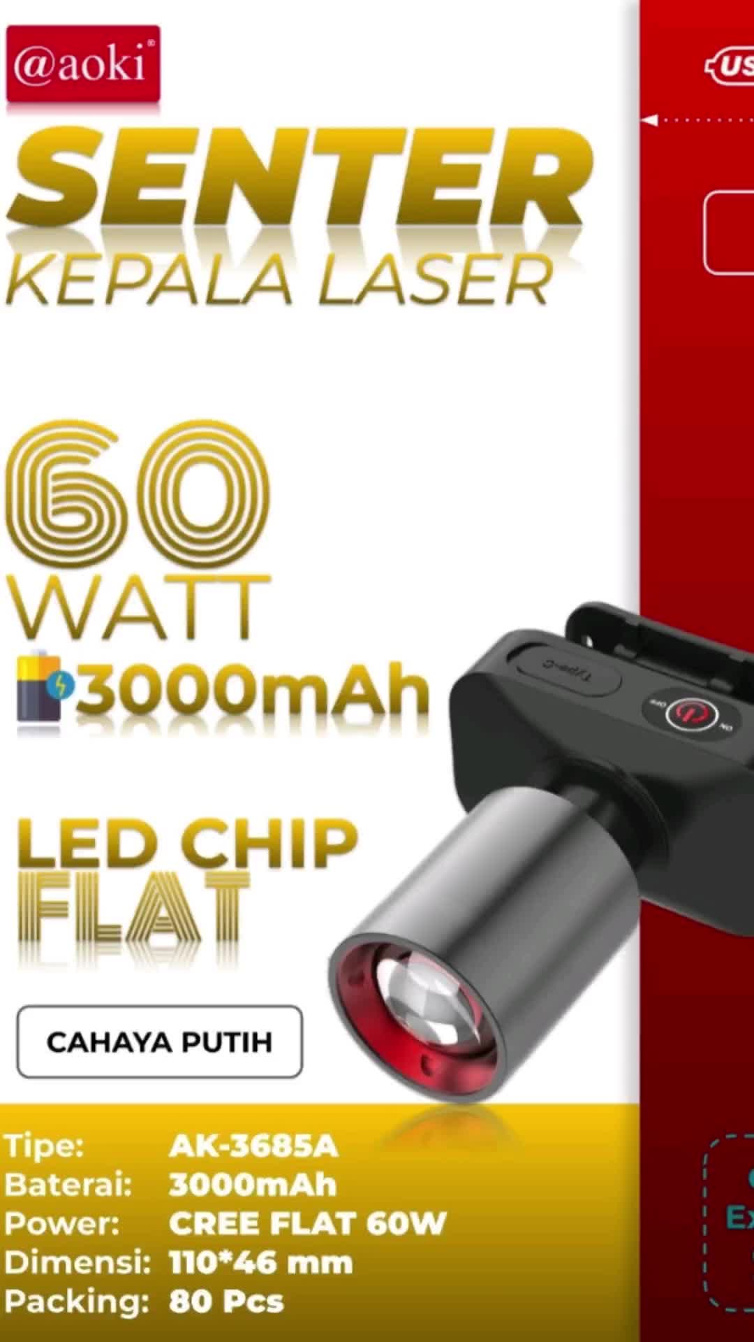 AOKI Senter Kepala 800 lumen Cahaya Maksimal Plus RechargePro dengan USB-C, 60W Fokus & Penyebaran Zoom