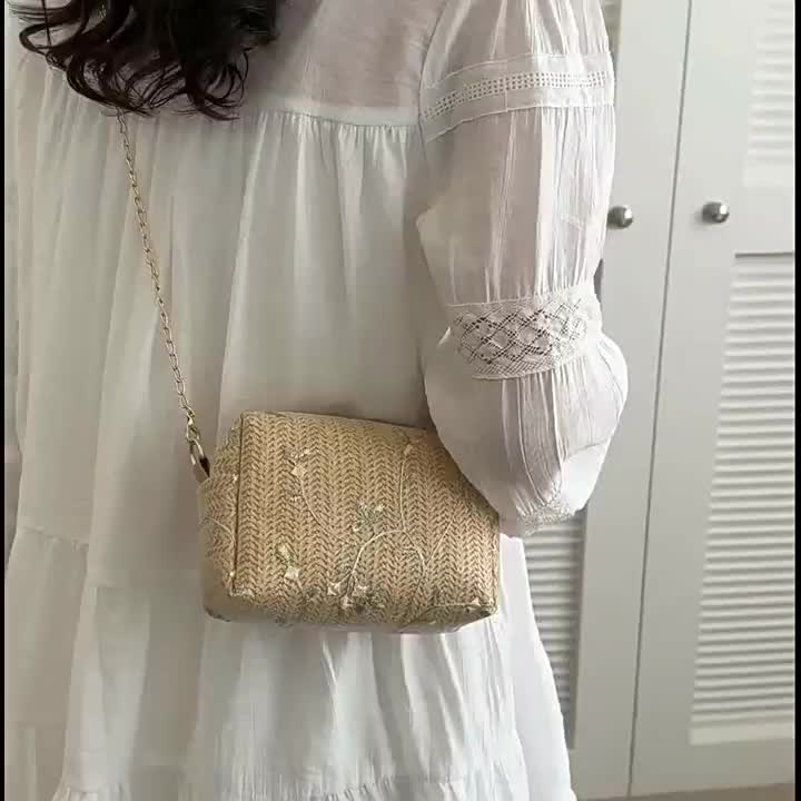 BAO113 Tas anyaman kotak bordir Tas Anyaman Wanita Trendi Fashion Renda Jerami Tas Pesta Wanita Bahan Anyaman Selempang