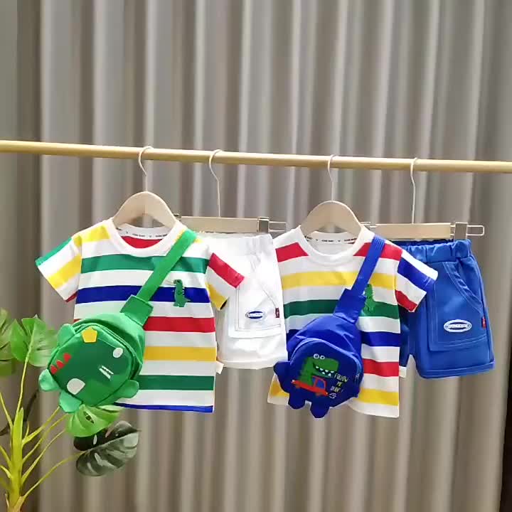 Tas Dino Setelan Baju Anak Laki-Laki Garis Dino Tas Motif Dino Celana Pendek GRATIS FREE TAS DINO Fashion setelan  anak korea import Kemeja