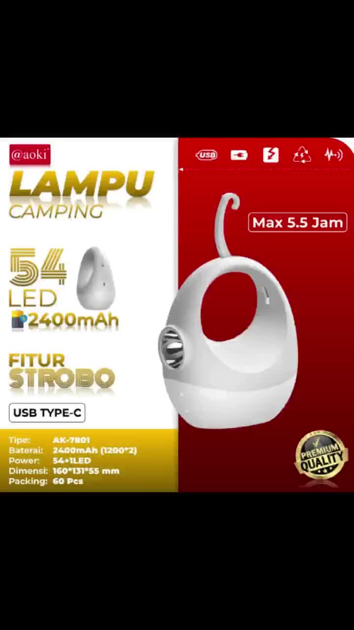 AOKI Lampu camping praktis 2400mah daya tahan lama dual baterai senter dimmer dapat digantung