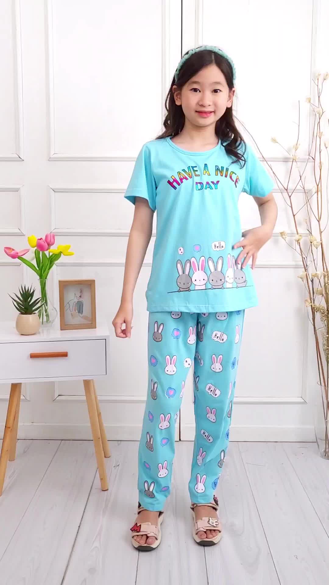 KImchan Setelan Baju Tidur Piyama Kaos Katun Anak Perempuan 6-12 Tahun Celana Motif