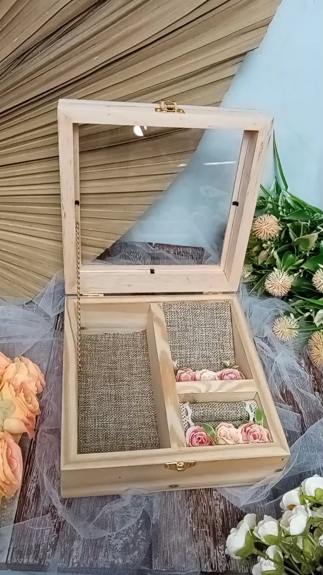 Kotak Kayu  Tempat Mahar  Pernikahan dan Perhiasan Cincin, Kalung, dengan Tutup Akrilik dan Aksesoris Bunga KUCK